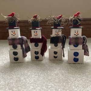 Set of Four Snowman Figurines with Scarves and Hats - Handmade